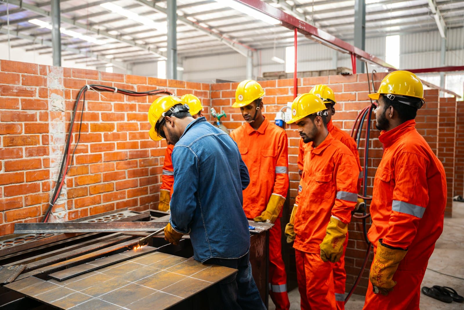 Workers in hard hats and hi-vis at a site safety briefing